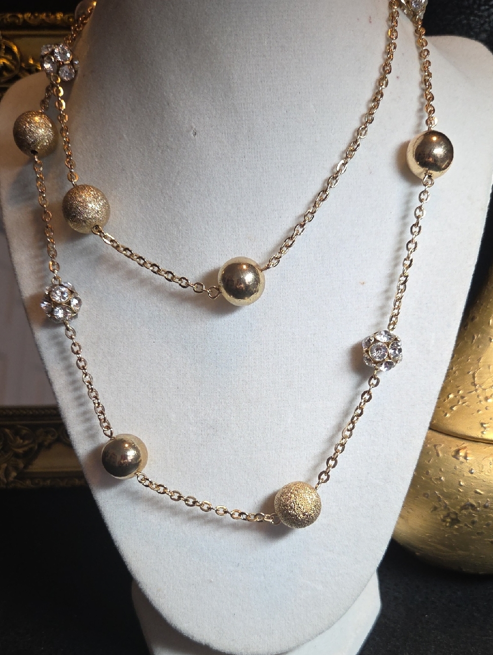 Vintage Guess Gold-Tone Bead & Crystal Station Long Necklace -17 Inches Long